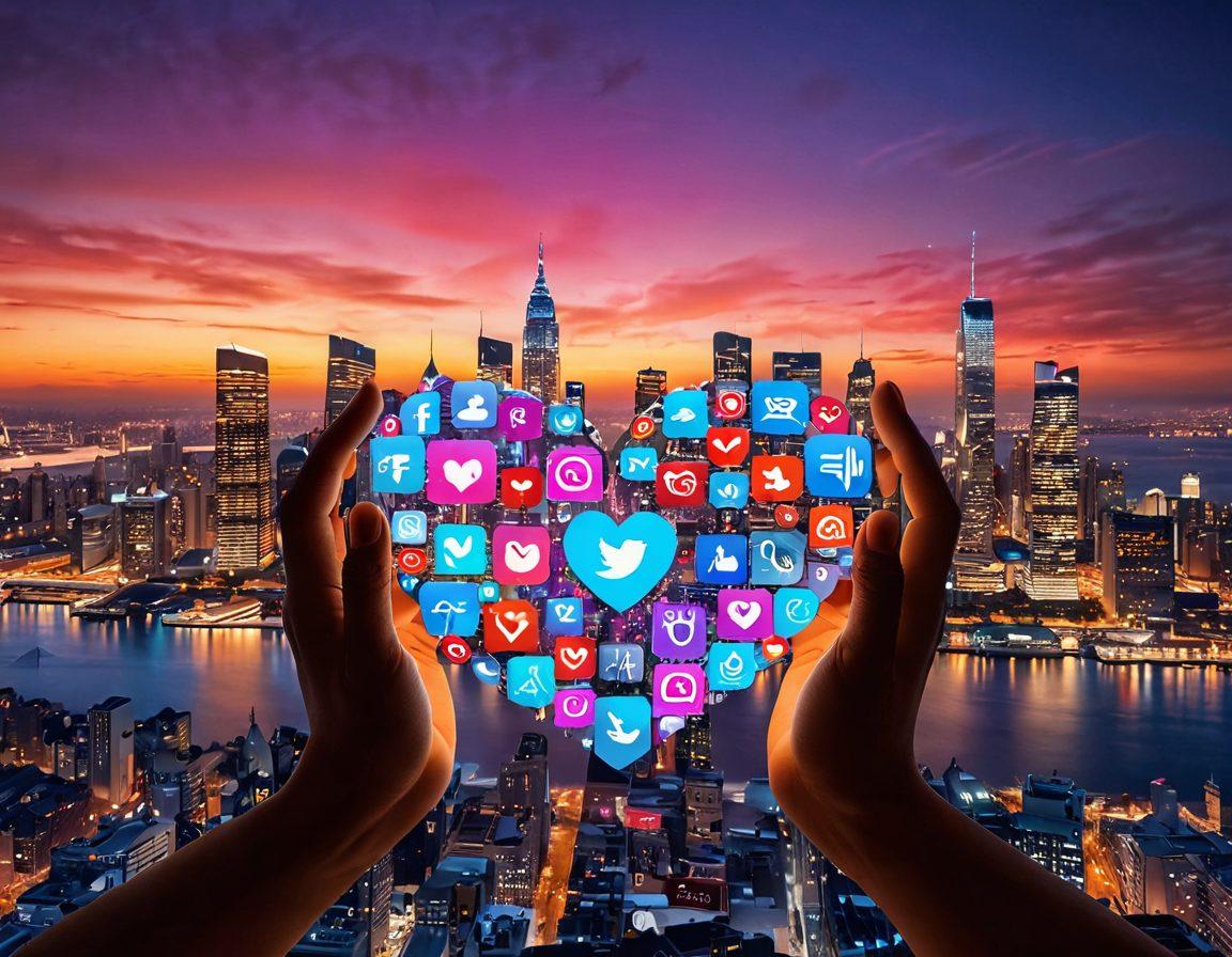 A digital heart made of glowing symbols representing various social media platforms and messaging apps, surrounded by warm, embracing hands reaching towards it. In the background, a soft, abstract representation of a city skyline at dusk, illustrating the blend of technology and human emotions. Bright and inviting colors to evoke a sense of connection and warmth. super-realistic. vibrant colors. 3D.