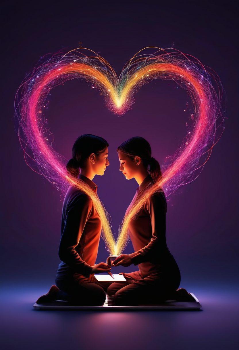 A visually stunning representation of interconnected hearts and symbols that signify various communication methods, like mobile phones and laptops, interwoven with colorful threads of light symbolizing passion. The backdrop should be a blend of warm and cool tones to reflect emotional depth, with silhouettes of couples interacting joyfully. The overall design should radiate a sense of growth and connection. super-realistic. vibrant colors. 3D.